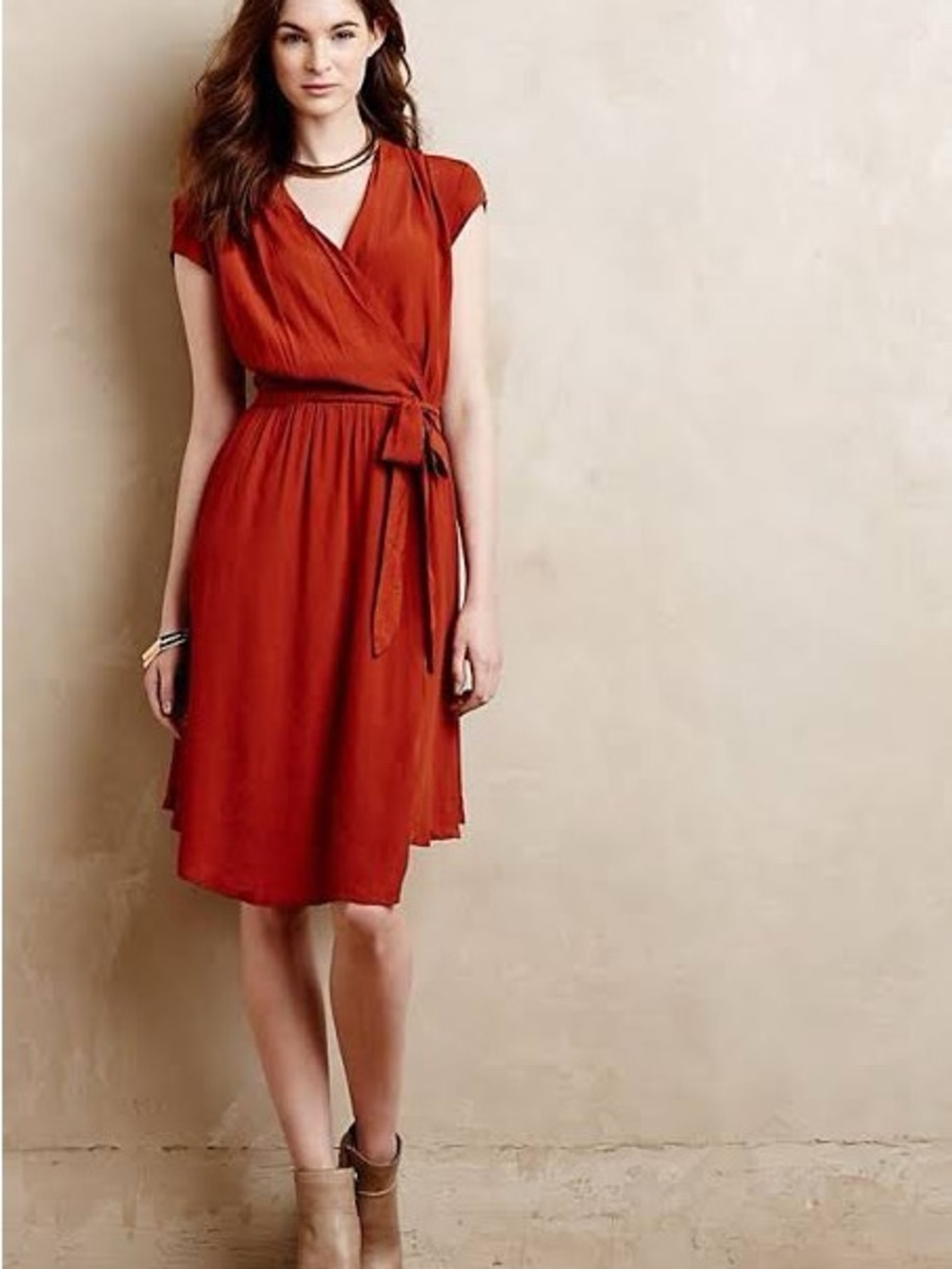 Maeve Burnt Orange Noronha Faux Wrap Midi Dress with Tie Waist